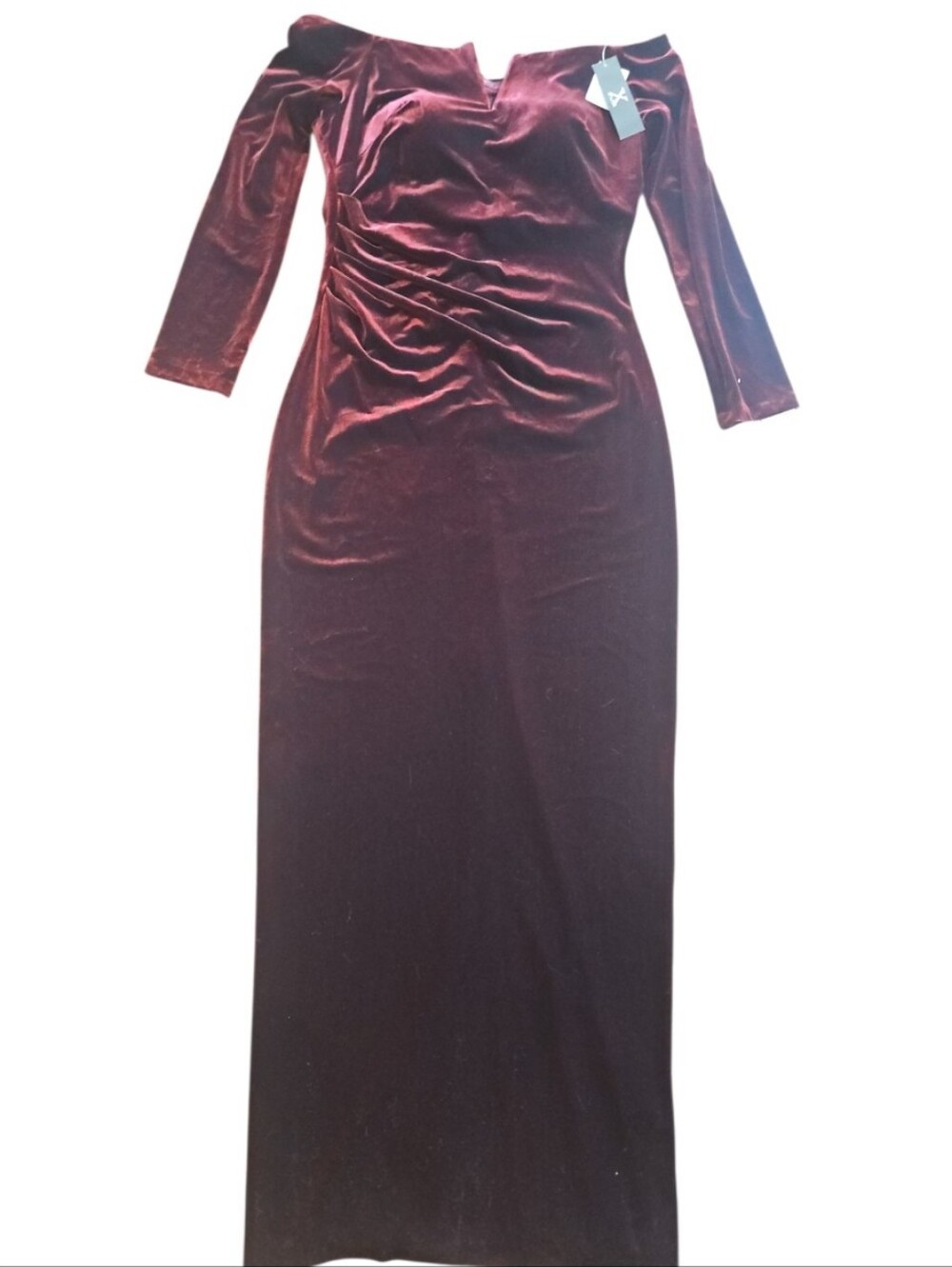 XSCAPE Burgundy Velvet Off The Shoulder Long Sleeve Gown Size 14 - Picture 6 of 12